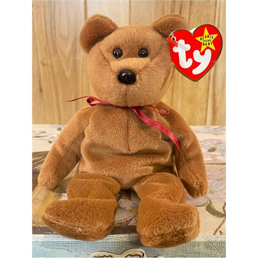 Ty Beanie Babies Teddy Brown w Red Ribbon Vtg 1995 w Tag Error Collectible